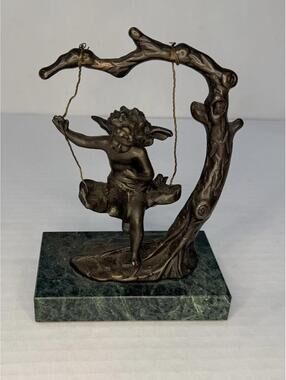Auguste Moreau Bronze Cherub on Swing Sculpture – Green Marble Base, Signed